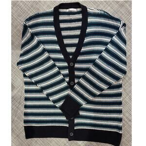 ZARA Men's 100% Cotton Geo­met­ric Knit Jacquard V-neck Car­di­gan Navy White XL